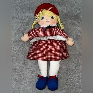 Vintage American Wego ,17” Stuffed Plush Doll, Red, Blonde Braids #7011A